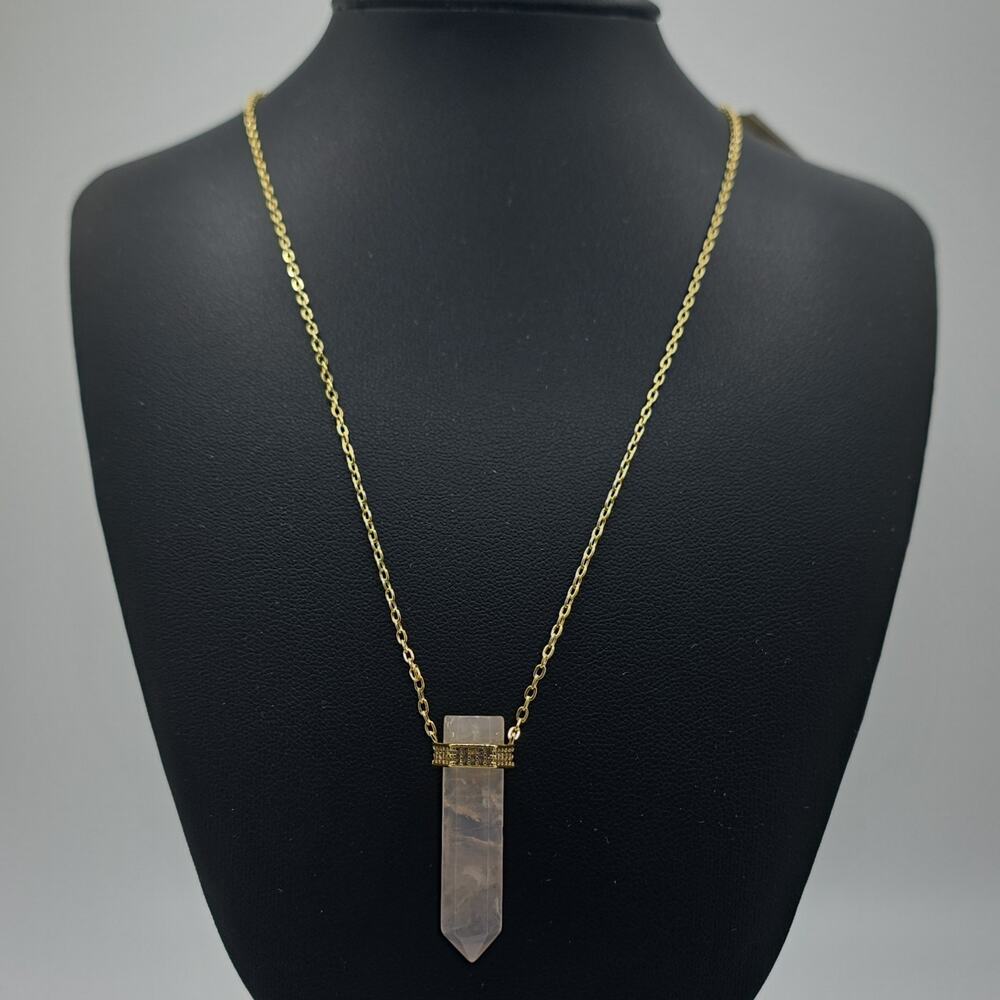 Gold Tone Cable Chain Necklace Rose Quartz Hexagon Pendant Pink Lobster Closure